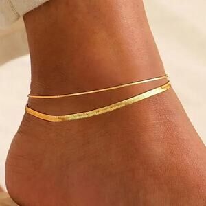 Gold Herringbone Anklet Two Piece Set Stamped 18K Gold Filled